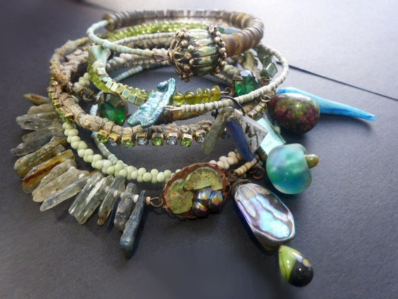 Underwater Tribute. Tribal gypsy bangle stack in blues and greens.