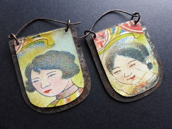 Stories. Rustic salvaged tin earrings.