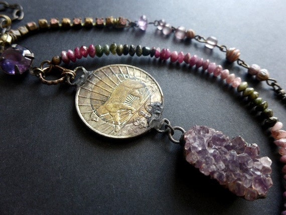 A Tiger in Me. Rustic assemblage necklace with watermelon tourmaline, druzy amethyst, coin.