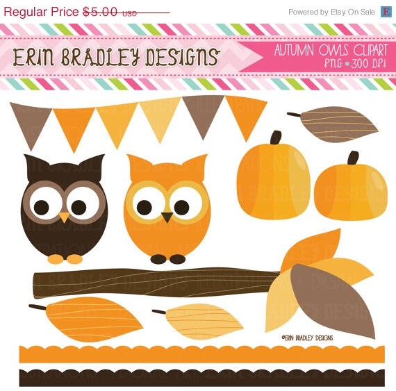 50% OFF SALE Autumn Owls and Pumpkins Clipart Clip Art Personal & Commercial Use Instant Download Il_570xn