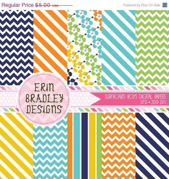 50% OFF SALE Surfboard Boys Striped Digital Paper Pack Personal & Commercial Use INSTANT Download Il_570xn