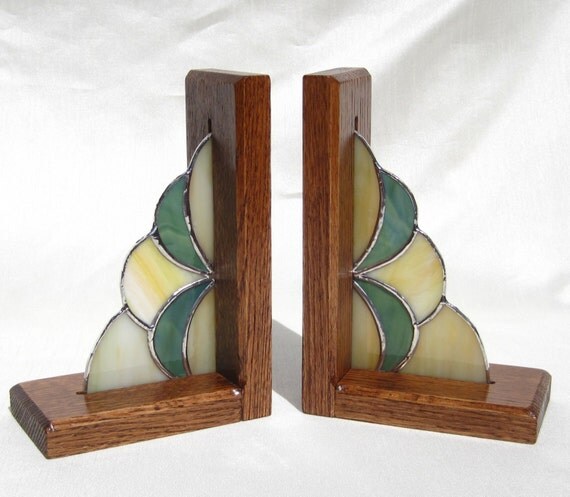 Bookends Spring Stained Glass and Oak Bookends