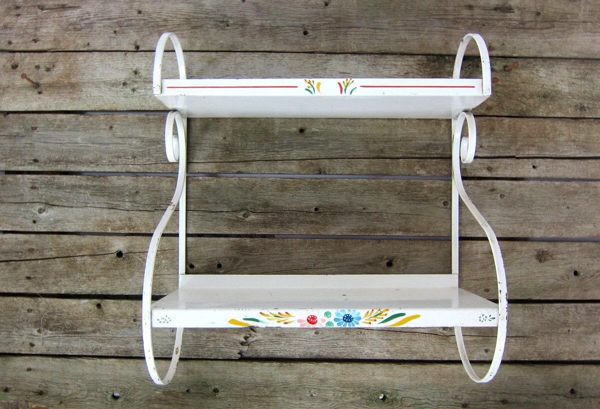 Vintage white metal 2 tier shelf // hanging wall shelf / shabby chic