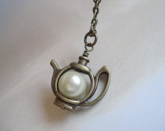 Teapot Necklace Brass Teapot Pendant Alice's teapot Pearl Necklace Whimsical Jewelry Alice In Wonderland Teapot Jewelry