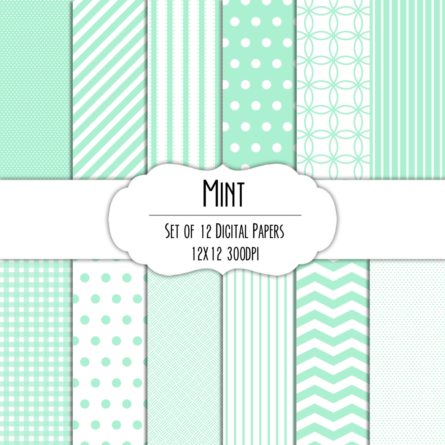 Mint Green Digital Scrapbook Paper 12x12 Pack Set of 12