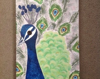 SALE! Whimsical realistic Peacock bird painting - peacock feathers - 10x20 acrylic on canvas - pop of color - living room, etc