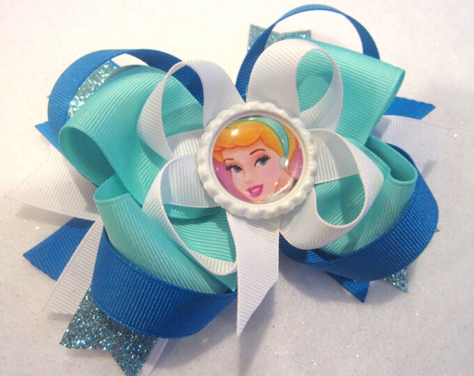 Cinderella Blue Fantasy Funky Large Boutique Hair Bow Fancy Princess Layers of Loops and Spikes for Baby Toddler to Little Girl