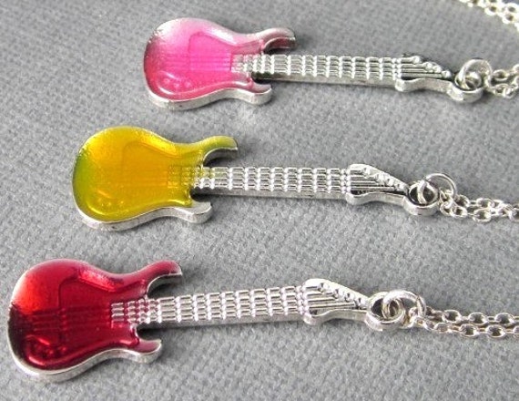 Guitar Pendant Necklace Red, Pink or Yellow Enamel with a Sterling Silver Chain