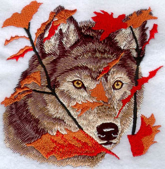 AUTUMN WOLF Machine Embroidered Quilt Block AzEB