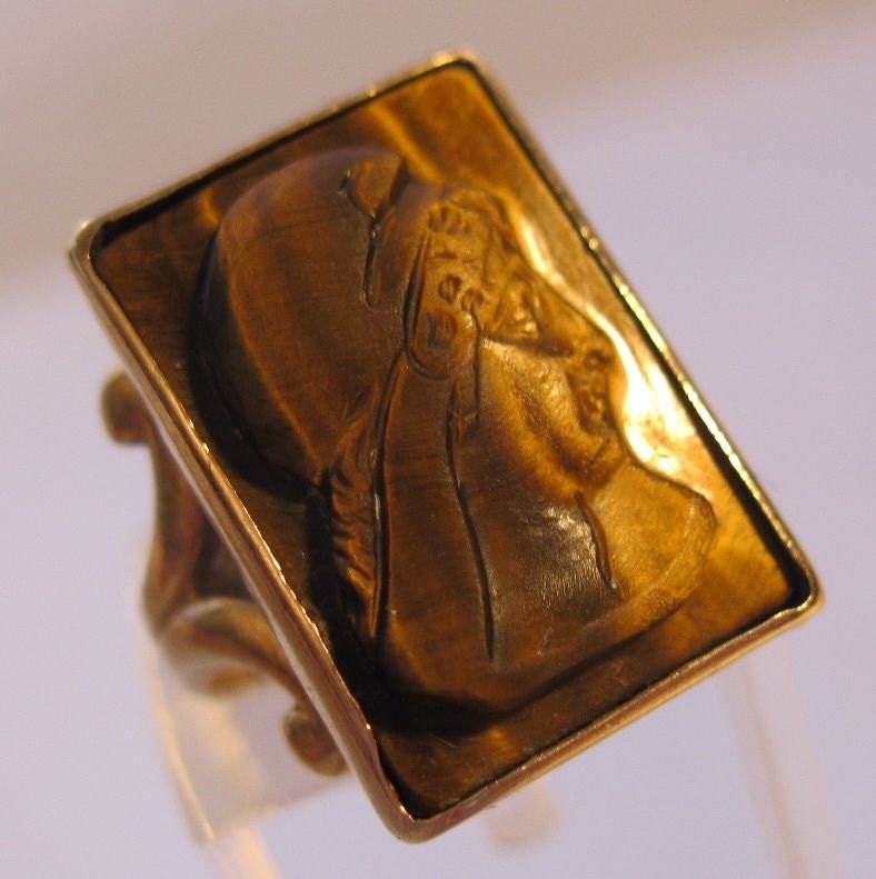 Antique 1800s Tiger Eye Cameo 14k Gold Ring by BrightEyesTreasures