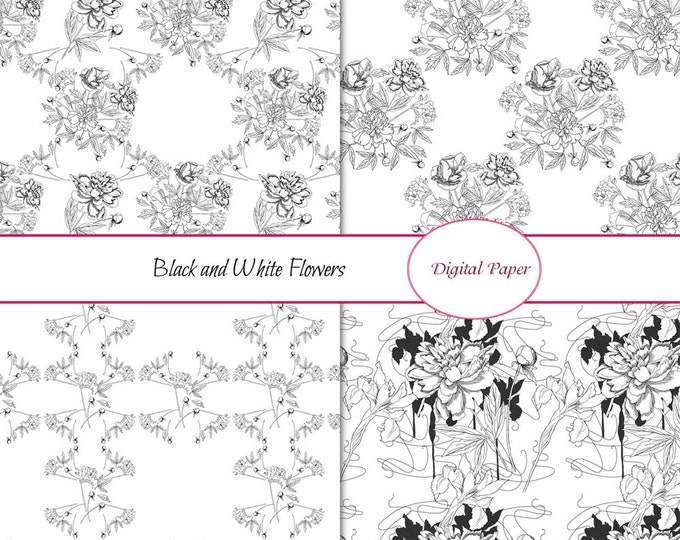 Set seamless pattern with black and white flowers. Digital papers, bouquet, rose, peony, flowers, black and white, botanical,