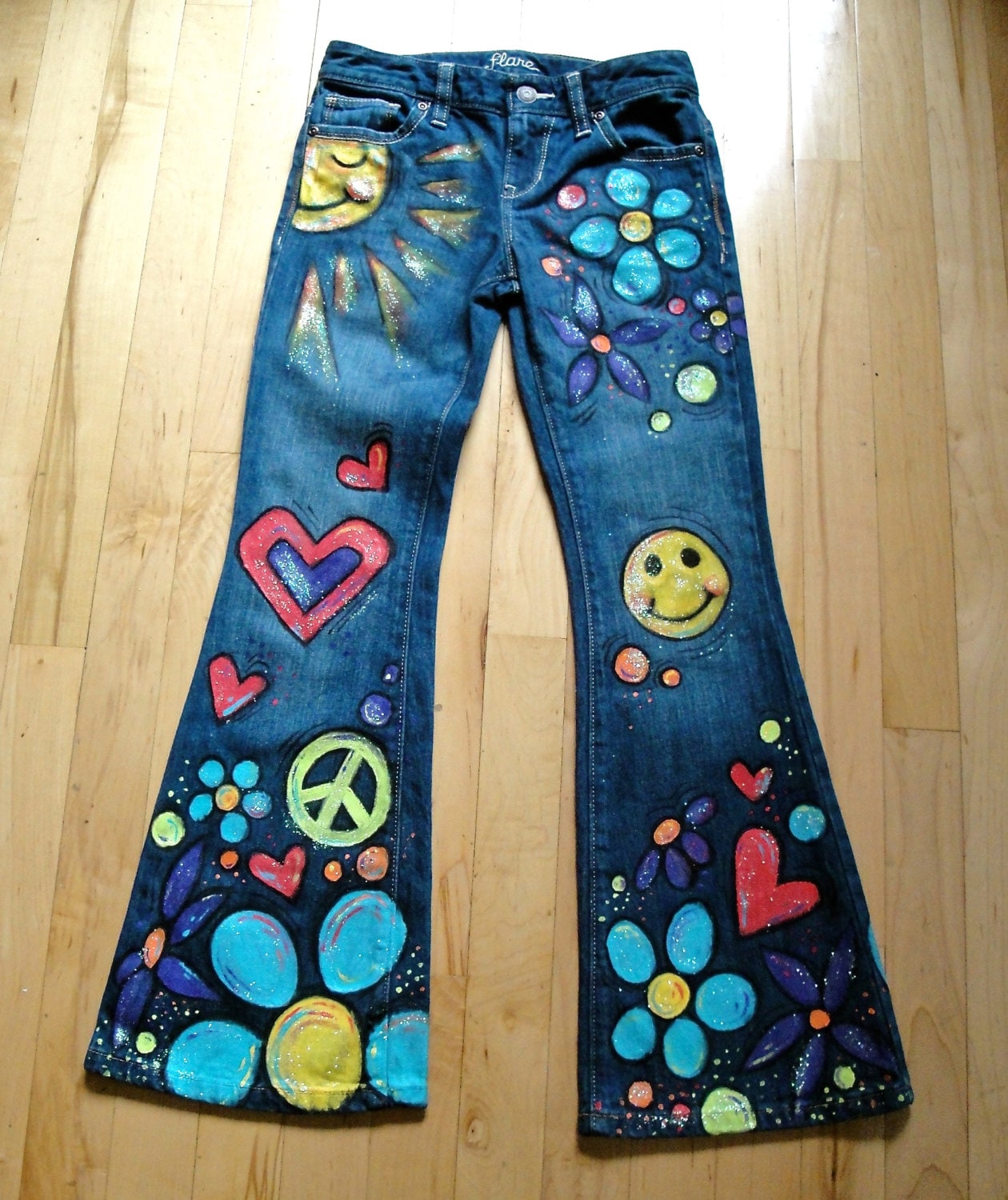 Flower Child Hippie Hand-Painted Jeans-Childrens by scatterbirdie