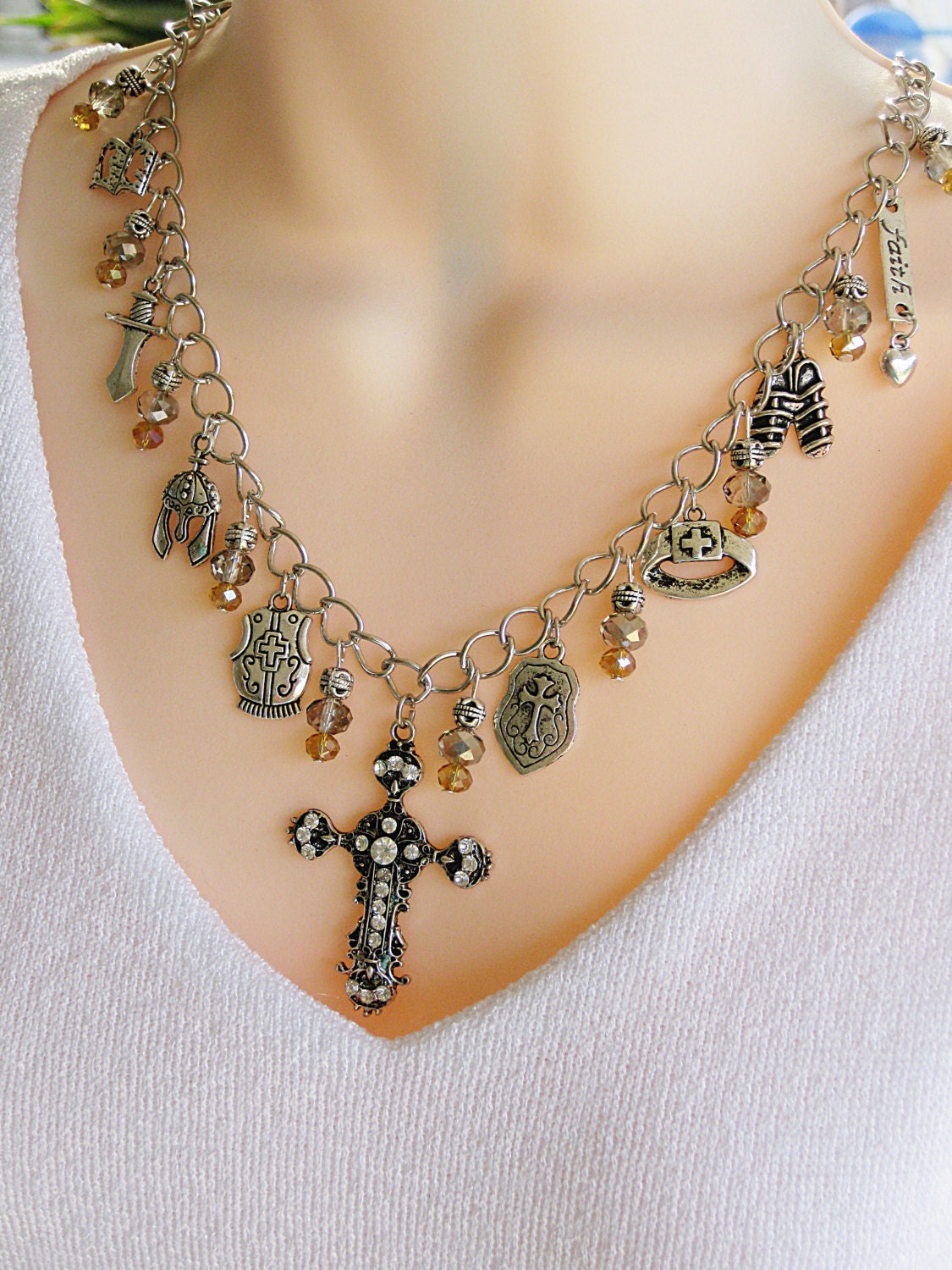 Cross Necklace Armor Of God Charm Necklace Crystal Beaded