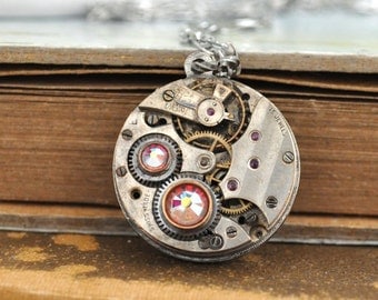 steampunk necklace MY TIME is YOURS antique silver watch movement jeweled necklace with Swarovski rhinestone
