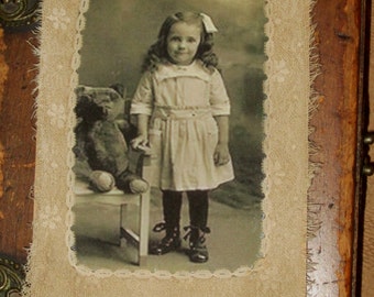 Vintage Lace Collage Tag Extra Large Sweet Girl with her Teddy Bear
