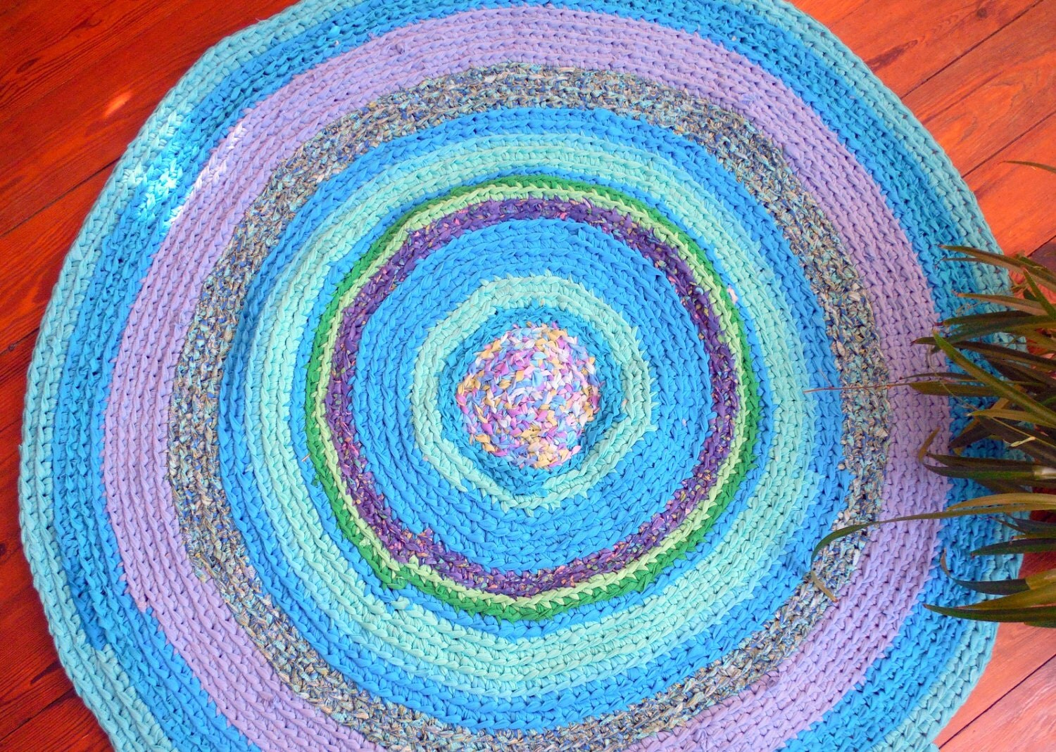 Rag rug turquoise braided crochet rug blue