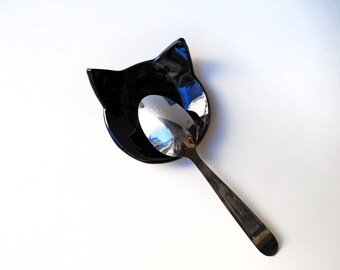 Black Cat Spoon Rest - Ceramic, Pottery - Jewelry Holder, Key Holder, Soap Dish - by Lauren Sumner - Gifts for Cat Lovers