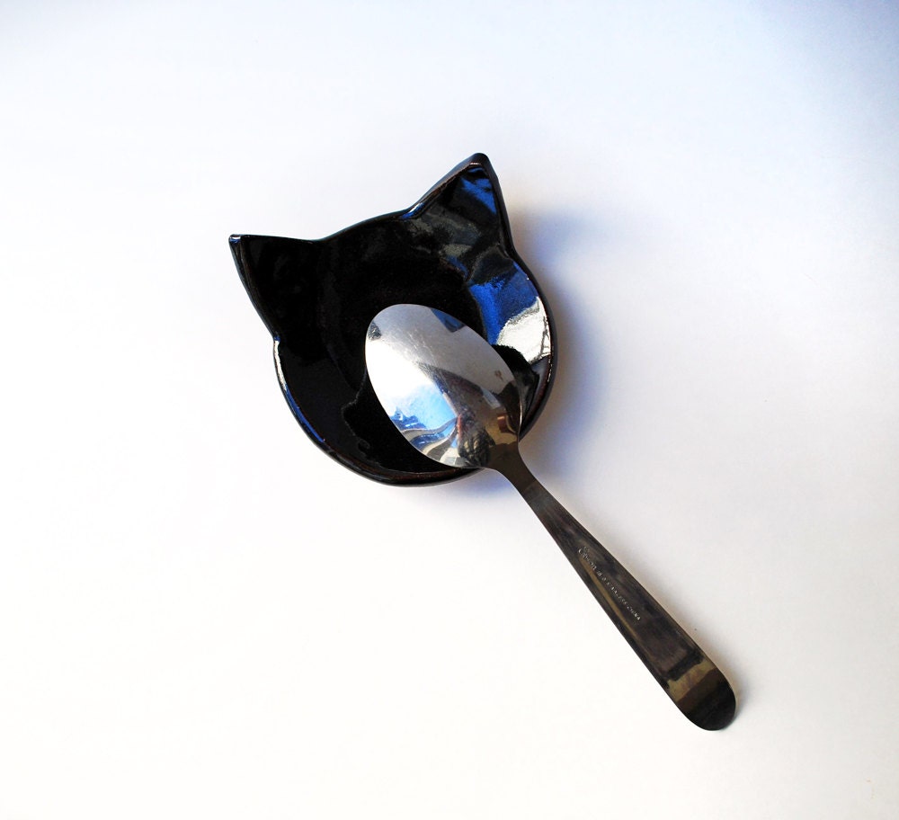 Black Cat Spoon Rest Ceramic Pottery Jewelry Holder Key