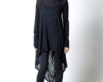 Black Tunic / Loose Fitting Top / Assymetrical Blouse / Long Sleeve Tunic / Casual Tunic / Everyday Shirt / marcellamoda - MB103