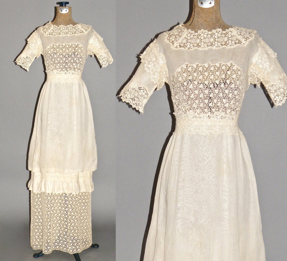 Edwardian Tea Dress Antique 1910s Dress Crochet Lace and