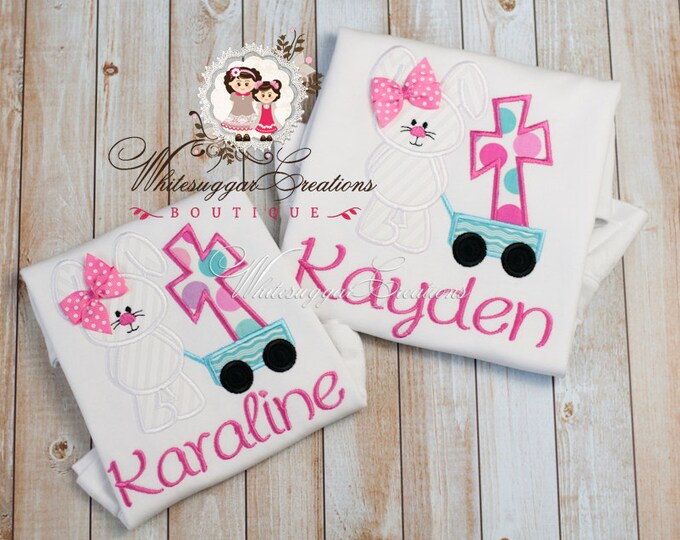 Girls Easter Shirt - Easter Bunny with Cross Appliquéd Shirt - Personalized Girls Easter Shirt