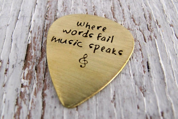 Where Words Fail Music Speaks Brass Guitar Pick Leather Key