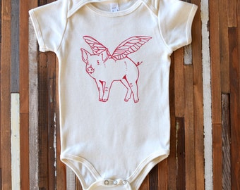 Organic Cotton Baby One Piece - Screen Printed American Apparel Baby Bodysuit - When Pigs Fly One Piece - Organic Baby Clothing - Infant