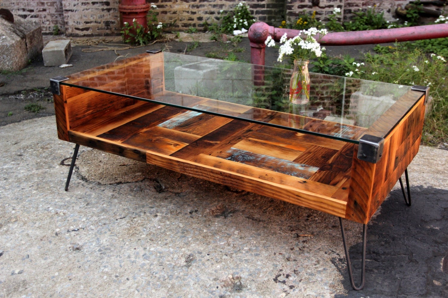 Reclaimed Wood & Tempered Glass Top Coffee Table