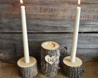 Country BROWN WOODEN Unity Candle Holder Set -Tea and Taper Candle Size - Natural Rustic Wedding Candle - Woodland Wedding Decor