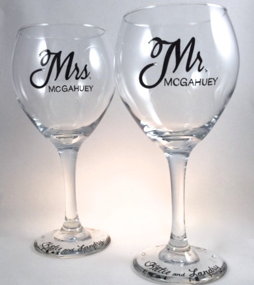 Mr. and Mrs. Wine Glasses personalized with crystals