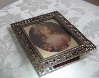 Vintage Woman Portrait Art Print In Ornate Brass Picture Frame With Filigree Fleur de Lis & Convex Bubble Glass