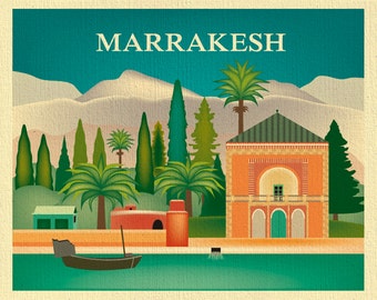 Marrakesh Skyline Art Print, Moroccan Poster, Morrocco Travel Wall Art, Marrakech Poster, Loose Petals City Art Print Gift - style E8-O-MARR