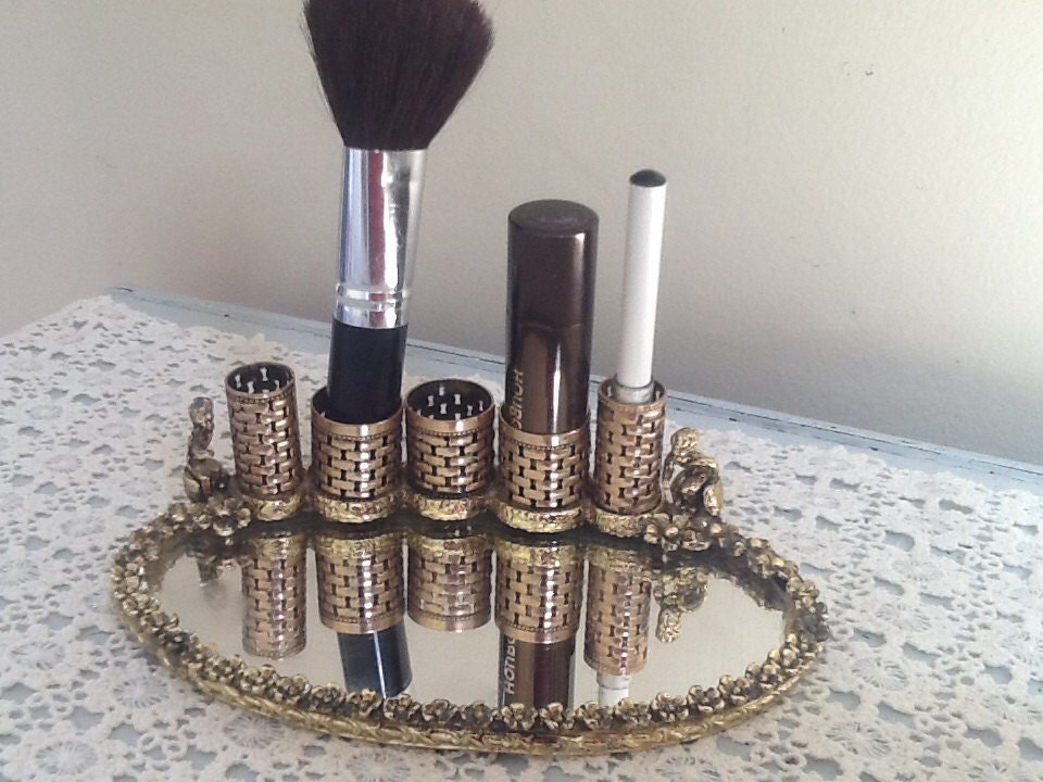 Vintage gold Filigree Lipstick Holder / Mirrored by RedBarnGarden