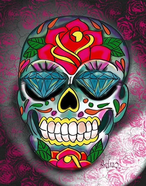 Diamond Eyes Sugar Skull Pink Background dia de los muertos