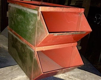 Vintage Industrial Stacking Metal Storage Bins; 1950s Stackbin