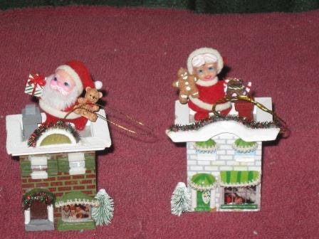 set of 2 Altered Art vintage style Christmas Town house ornaments with santa and mrs Claus