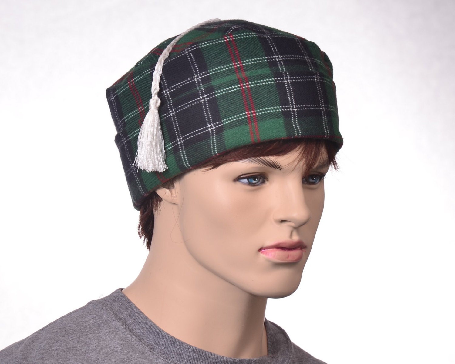 Victorian Smoking Cap Green Plaid Cotton Flannel Hat Tassel