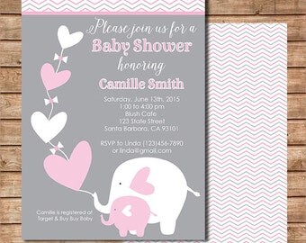 Pink and Gray Elephant Baby Shower Invitation - Elephant Baby Shower Invites - Girl Baby Shower Invite - Baby Sprinkle