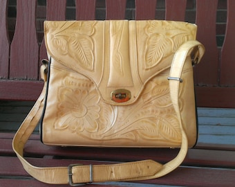 Vintage Tooled Leather Purse Huelar Honey Brown Shoulder Rockabilly