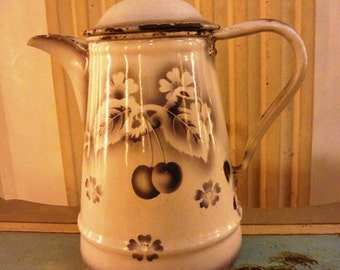 Enameled small French COFFEE POT airbrushed CHERRIES shades of grey