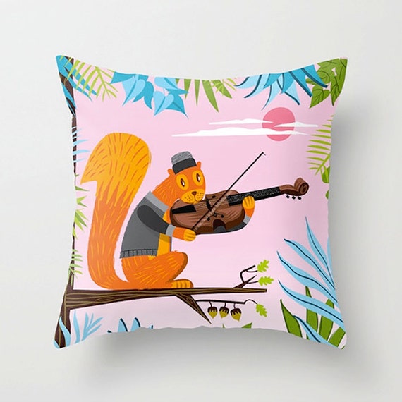 Red Squirrel Serenade - Childrens Decor - Pink - Throw Pillow / Cushion Cover (16" x 16") iOTA iLLUSTRATION