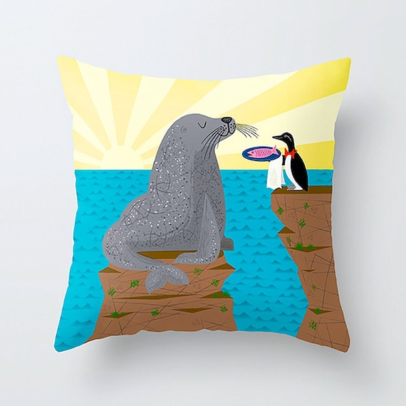 Sealed With A Fish - Children's Decor - kids Room - illustrated Cushion / Throw Pillow Cover (16" x 16") by Oliver Lake