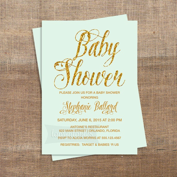 Mint Green and Gold Baby Shower Invitation Gold by laprintables