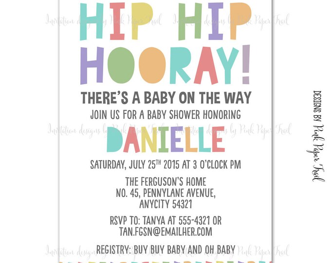 Hip Hip Hooray Party Invitation in Soft Pastels Colors - Digital File - Print Your Own