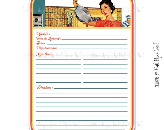 Retro Blank Recipe Card - Digital Template - 5x7 inches cards - Print-your-own