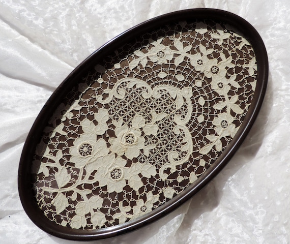 Antique Lace Framed in Vintage Oval Frame Wall Decor Vintage Lacework Floral Design Home Decorating Victorian Shabby Chic
