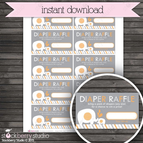 Elephant Baby Shower Diaper Raffle Tickets - Gray Orange Baby Shower Diaper Raffle Cards - Instant Download - Grey Boy Baby Shower Games Il_570xn