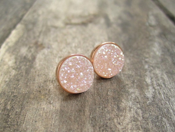 Large Natural Druzy Stud Earrings in Rose Gold