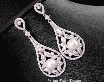 Bridal Pearl Earrings Wedding for PIERCE or CLIP-ON Earrings Vintage Style White Ivory Cubic Zirconia Dangle Jewelry Bling Prom Earrings