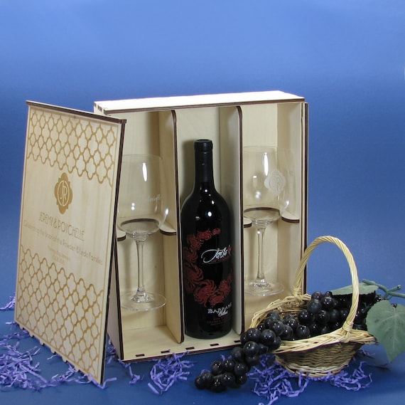 Wood Wine Gift Box Set with 2 Custom Etched Wine Glasses Personalized 